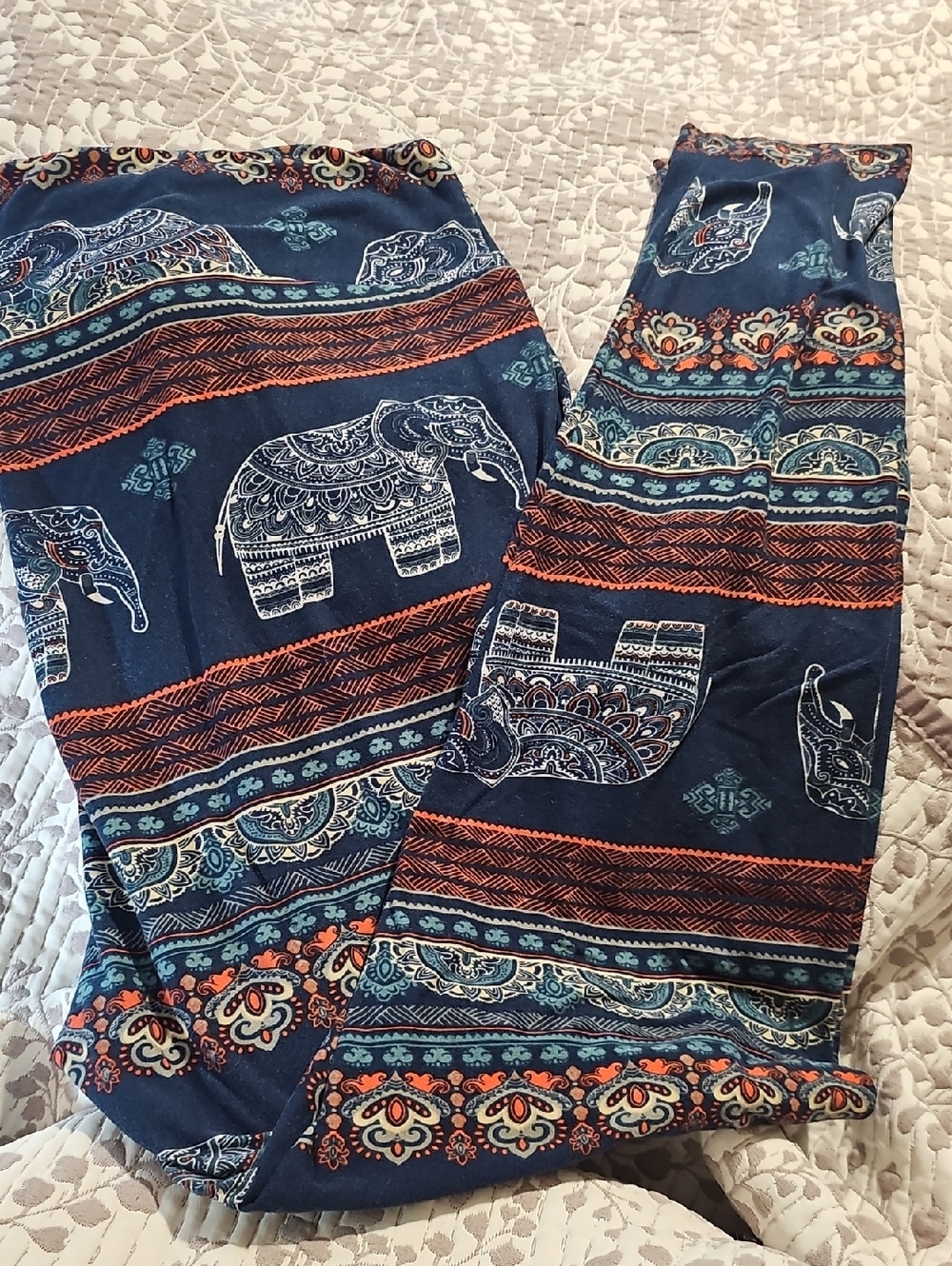 LuLaRoe Navy Blue Elephant Print Leggings with Orange & Teal Accents